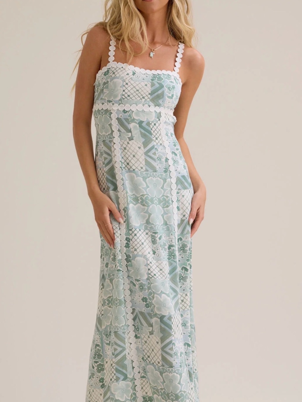 Altar'd State Sola Maxi Dress - Sage Green and White Floral Lace-Trim Maxi Dress